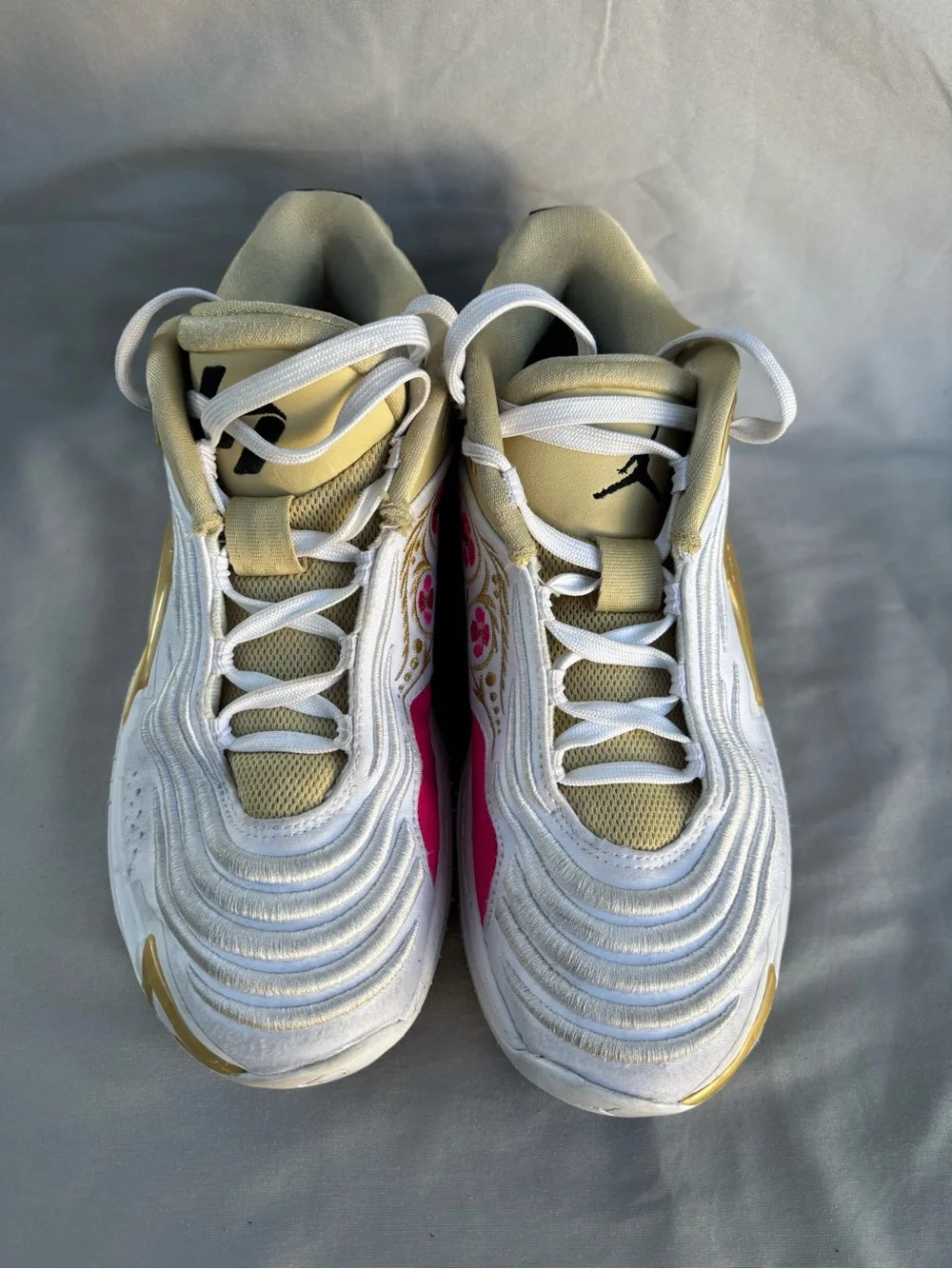 Jordan Men's White Sneakers with Pink Floral and Gold Accents